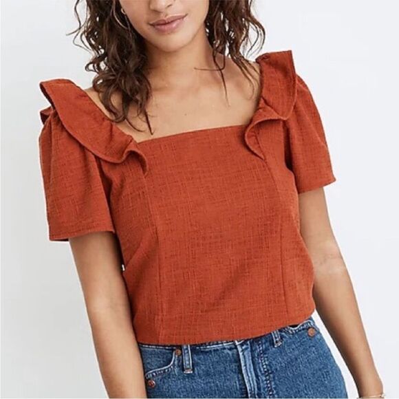 MADEWELL | Crosshatch Burnt Orange Ruffled Top Women’s Size X-Small - Picture 1 of 10